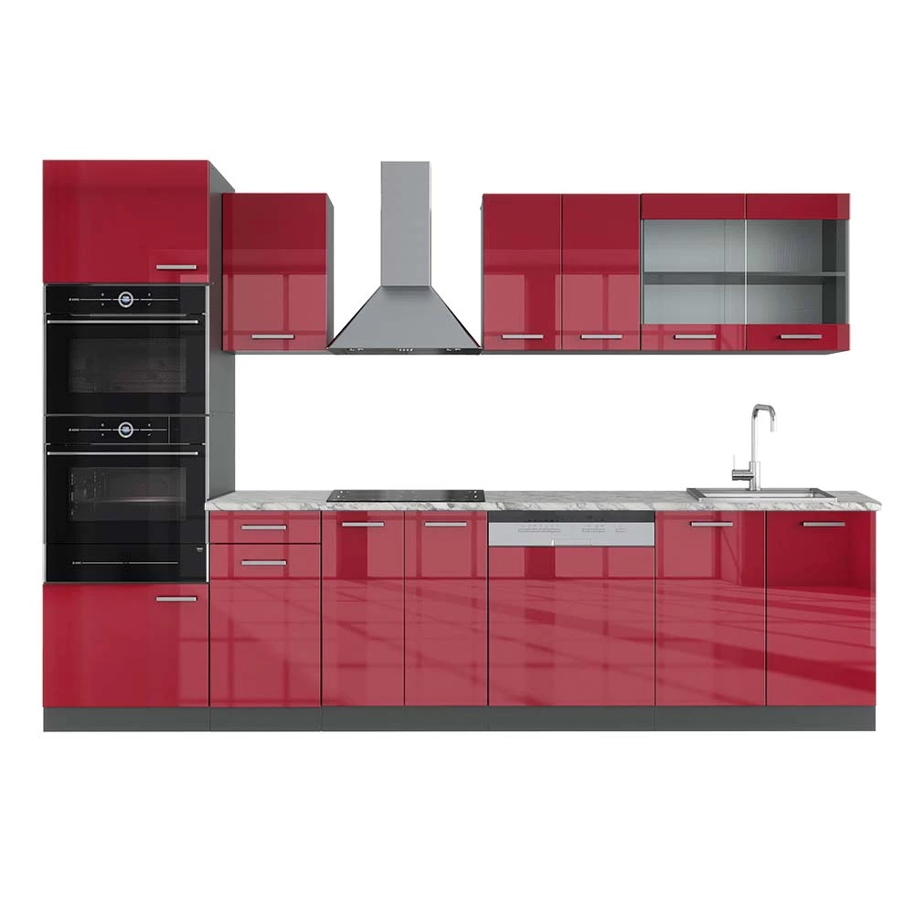 Complete keukeneenheid R-Line Rood hoogglans/antraciet 300 cm met hoge kast, WB Marmer Vicco