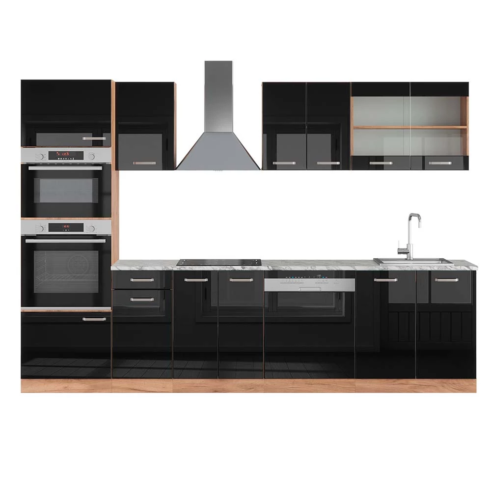 Complete keukeneenheid R-Line Eiken hoogglans zwart/goud 300 cm met hoge kast, WB Marmer Vicco
