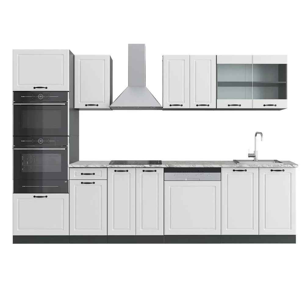 Complete keukeneenheid R-Line Landhuis wit/antraciet 300 cm met hoge kast, WB Marmer Vicco