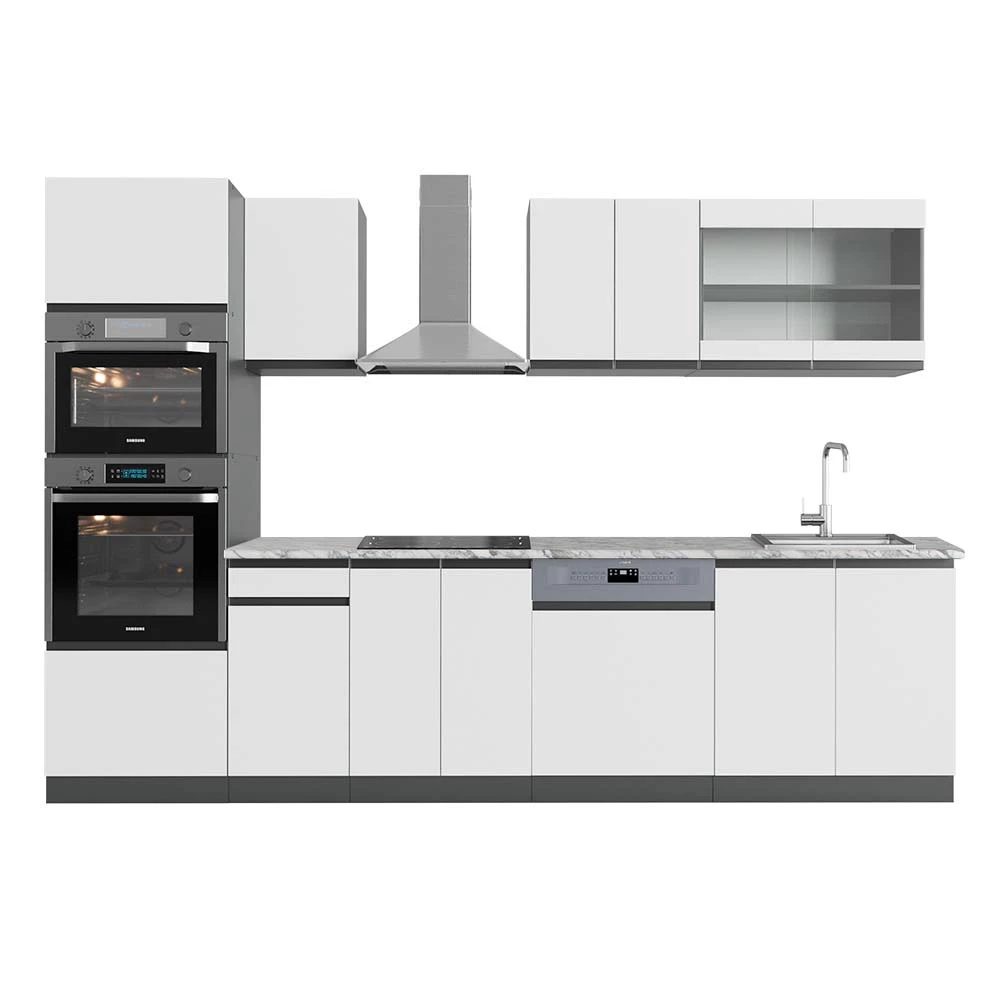 Complete keukeneenheid R-Line Wit/antraciet 300 cm  J-Shape met hoge kast, WB Marmer Vicco