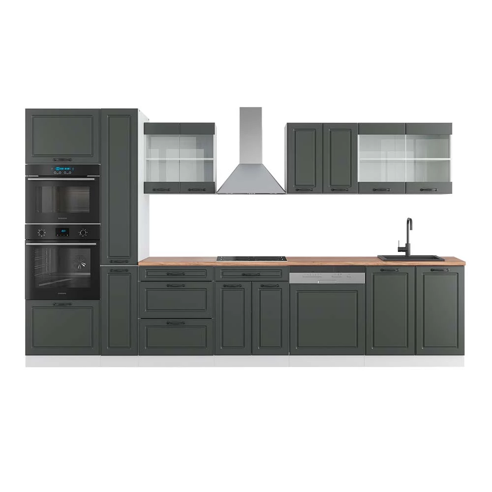 Keukenblok R-Line Antraciet landhuis/wit 350 cm met hoge kast, WB Eik Vicco