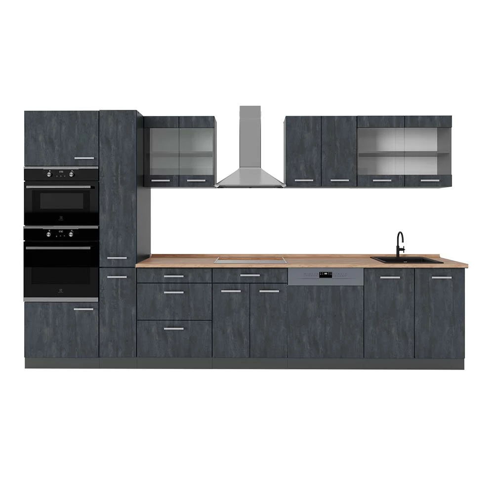 Complete keuken R-Line Zwart beton/antraciet 350 cm , WB Eik Vicco