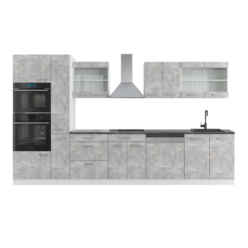 Keukenblok R-Line Beton/Wit 350 cm met hoge kast, WB Antraciet Vicco