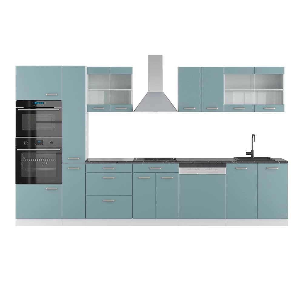 Complete keukeneenheid R-Line Blauw-grijs/wit 350 cm met hoge kast, WB Antraciet Vicco