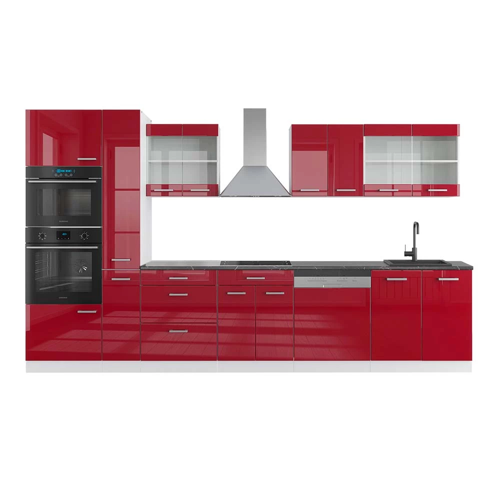 Keukenblok R-Line Rood hoogglans/wit 350 cm met hoge kast, WB Antraciet Vicco