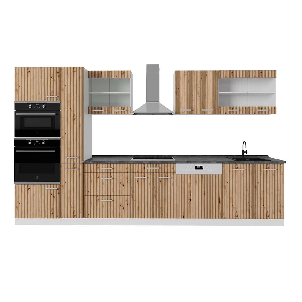 Keukenblok R-Line Artisanaal eiken/wit 350 cm met hoge kast, WB Antraciet Vicco