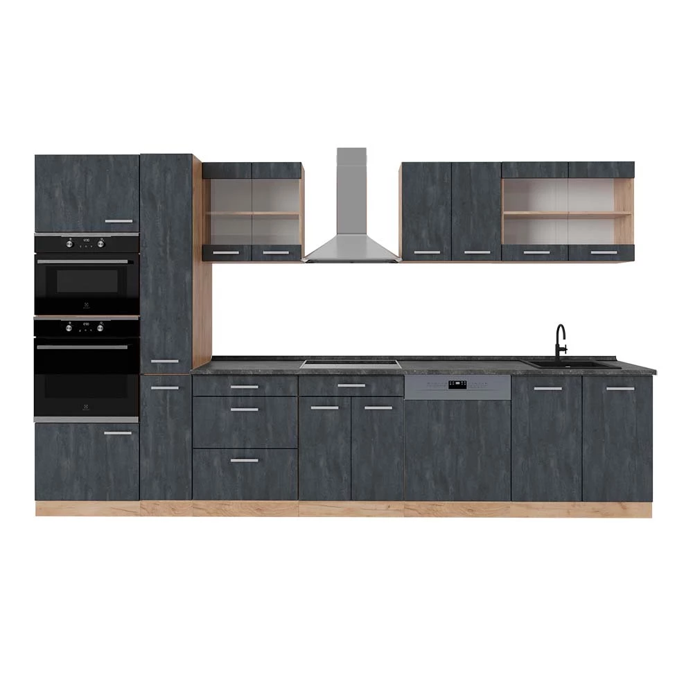 Complete keuken R-Line Zwart beton/goud eiken 350 cm , WB Antraciet Vicco