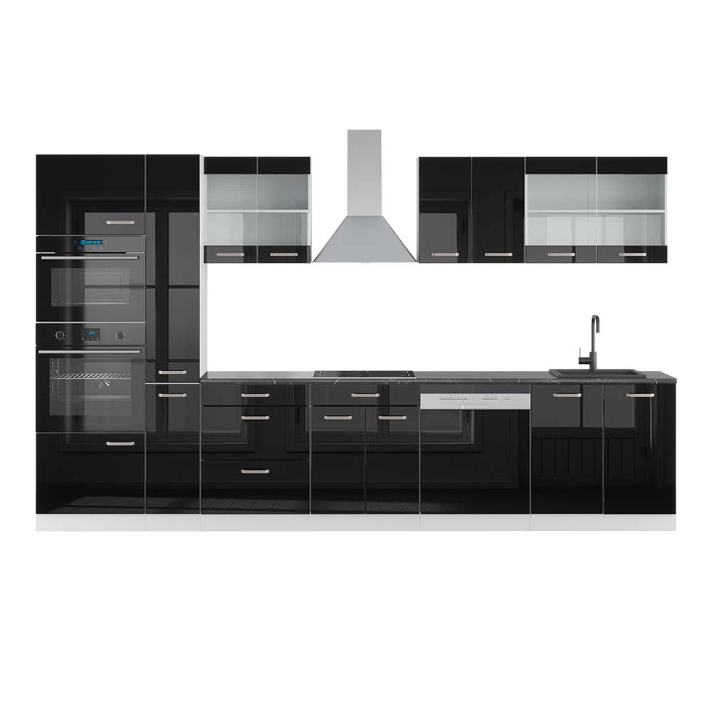 Complete keukeneenheid R-Line Zwart hoogglans/wit 350 cm met hoge kast, WB Antraciet Vicco