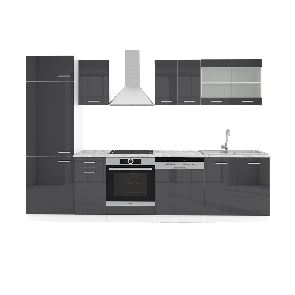 Complete keukeneenheid R-Line Antraciet hoogglans/wit 300 cm , WB Marmer Vicco