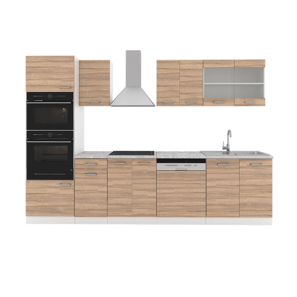 Complete keukeneenheid R-Line Sonoma 300 cm met hoge kast, met marmeren werkblad Vicco