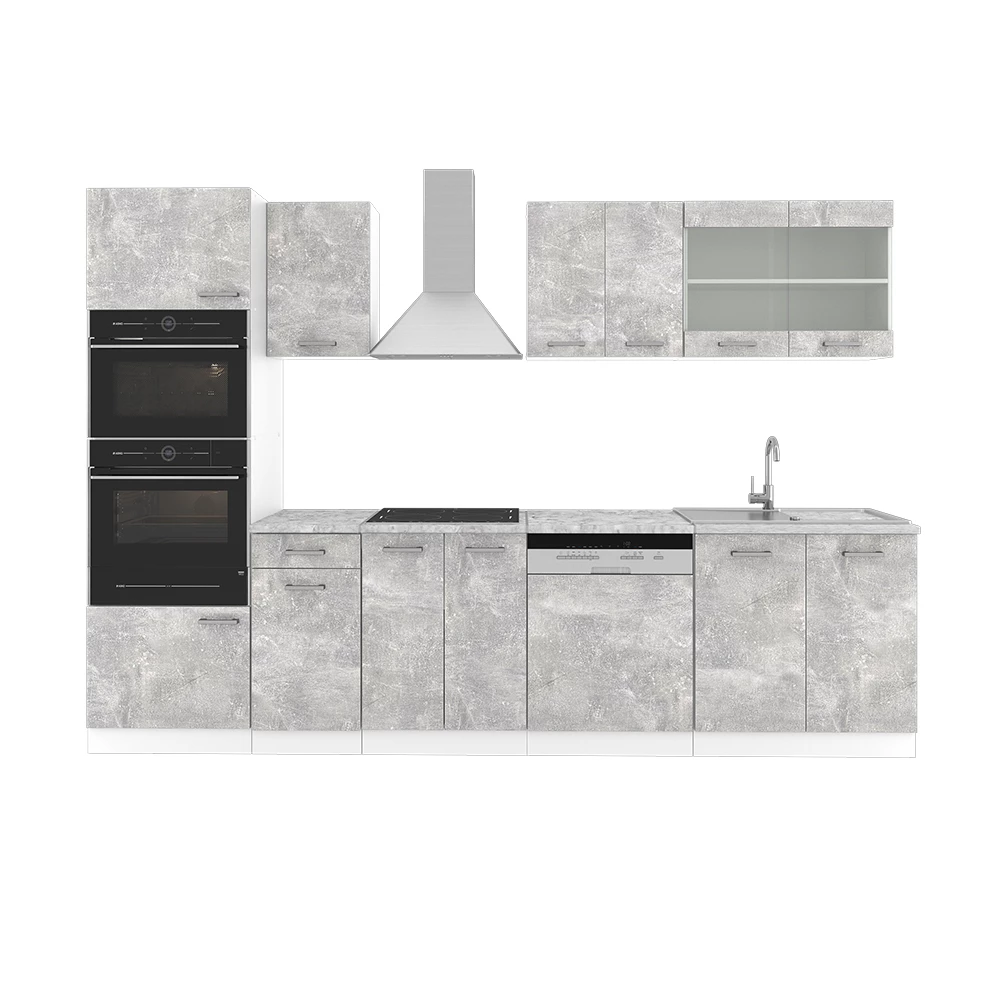 Complete keukeneenheid R-Line Beton 300 cm met hoge kast, met marmeren werkblad Vicco
