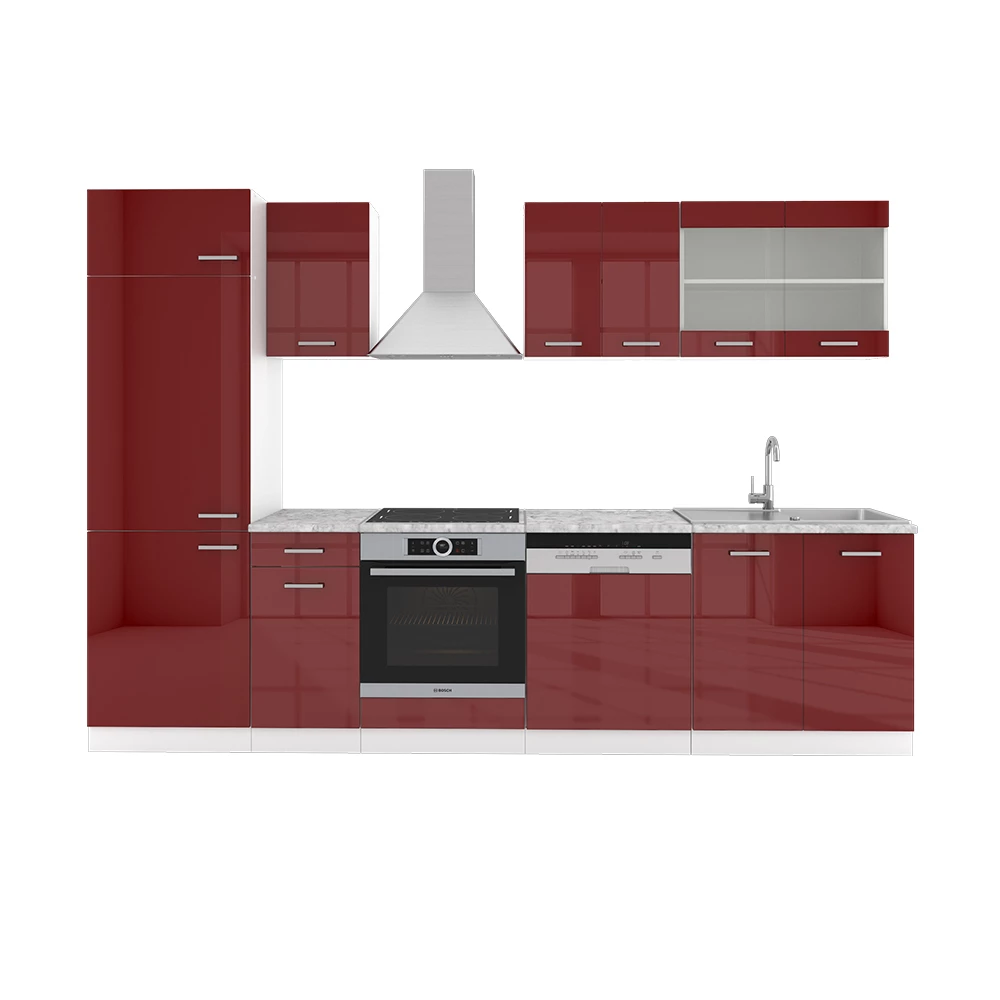 Complete keukeneenheid R-Line Rood hoogglans/wit 300 cm zonder werkblad Vicco
