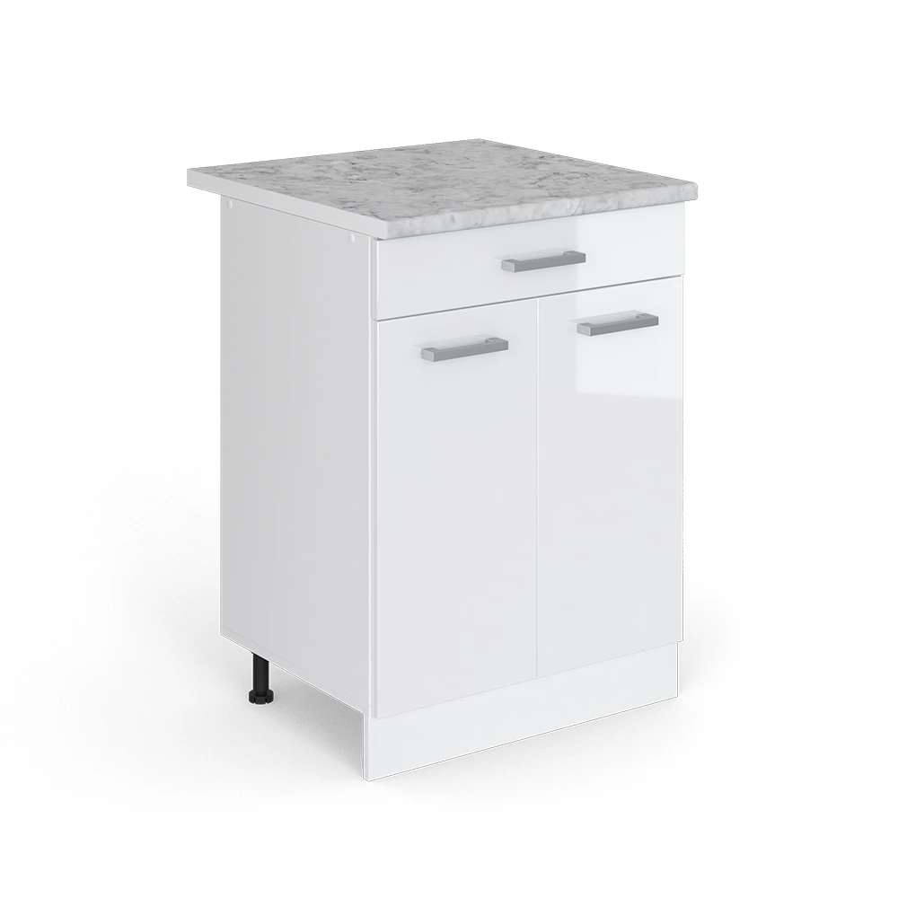 Keukenonderkast R-Line Wit Hoogglans 60 cm met lade met marmeren werkblad Vicco