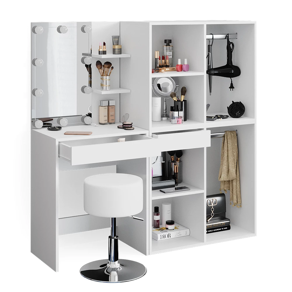 Kaptafel set met kruk Isabelle Wit 140 cm met LED, krukje en kast Vicco