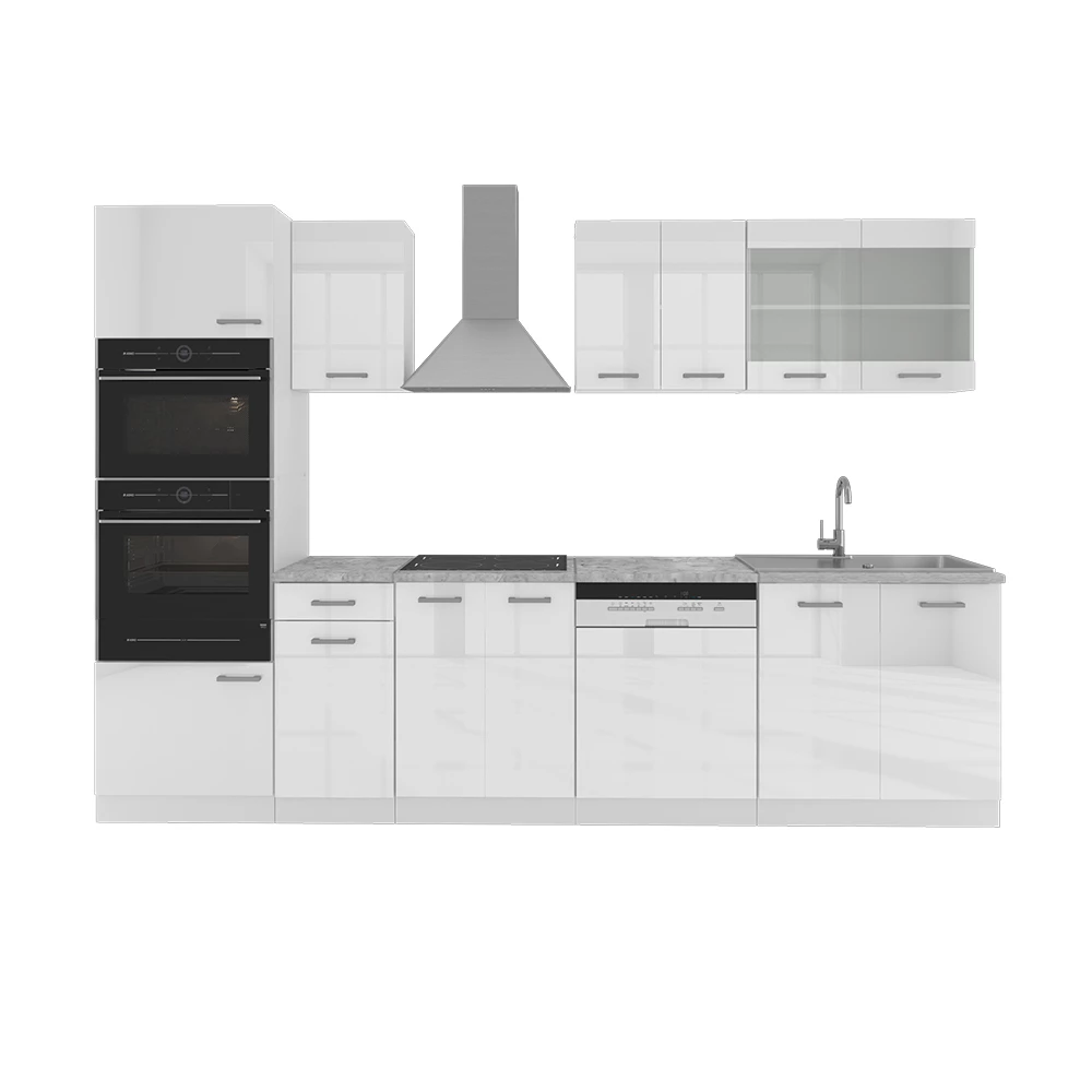 Complete keukeneenheid R-Line Wit hoogglans/wit 300 cm met hoge kast, met marmeren werkblad Vicco