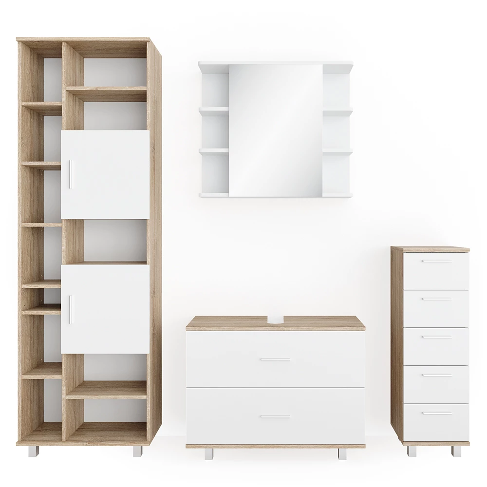 Badkamermeubel set Ilias Wit/Sonoma 4 delen, met hoge kast Vicco