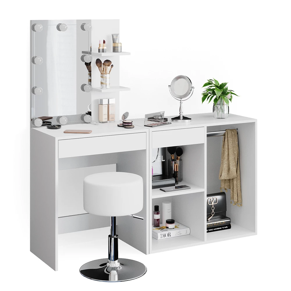 Kaptafel set met kruk Isabelle Wit 140 cm met LED, kruk en kast Vicco