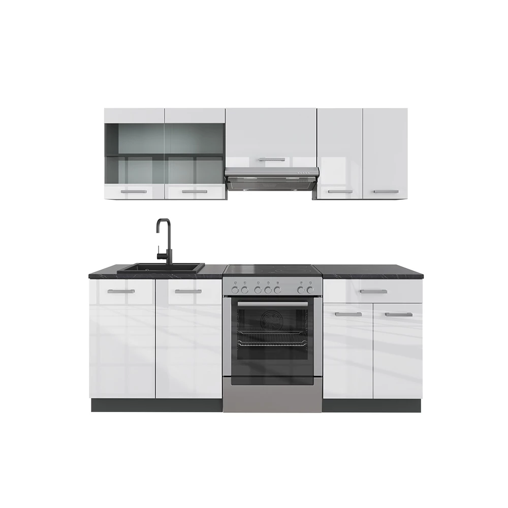 Complete keukeneenheid R-Line Wit hoogglans/antraciet 200 cm , WB Antraciet Vicco