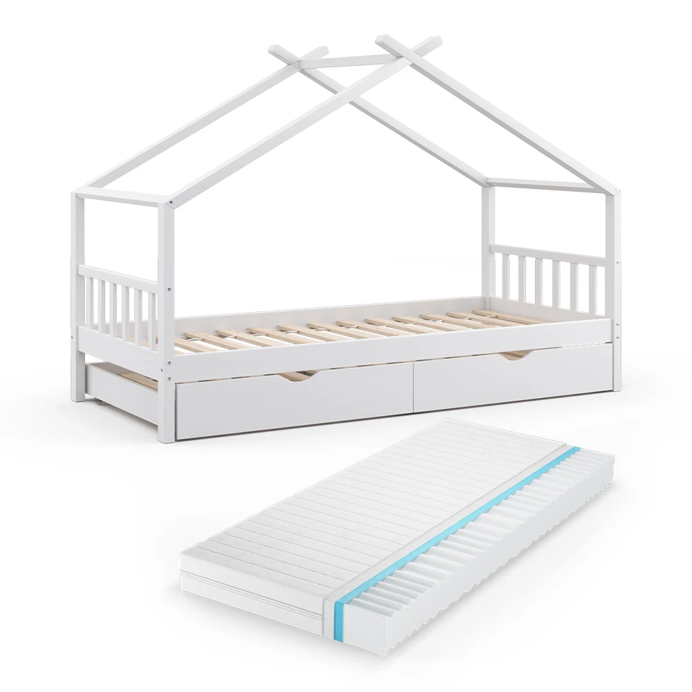 Huisbed Design Wit 90×200 cm met logeerbed en matras Vitalispa