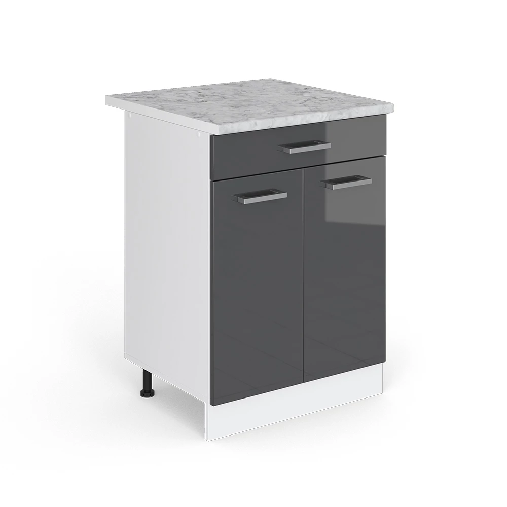 Keukenonderkast R-Line Antraciet Hoogglans 60 cm met lade met marmeren werkblad Vicco