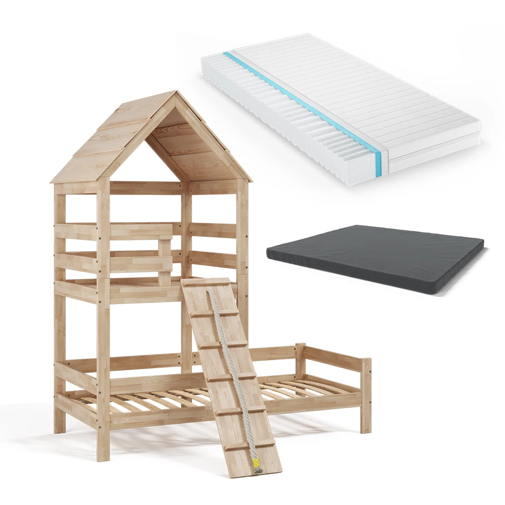 Huisbed Teddy Natuurlijk hout 90×200 cm met 2 matrassen Vitalispa