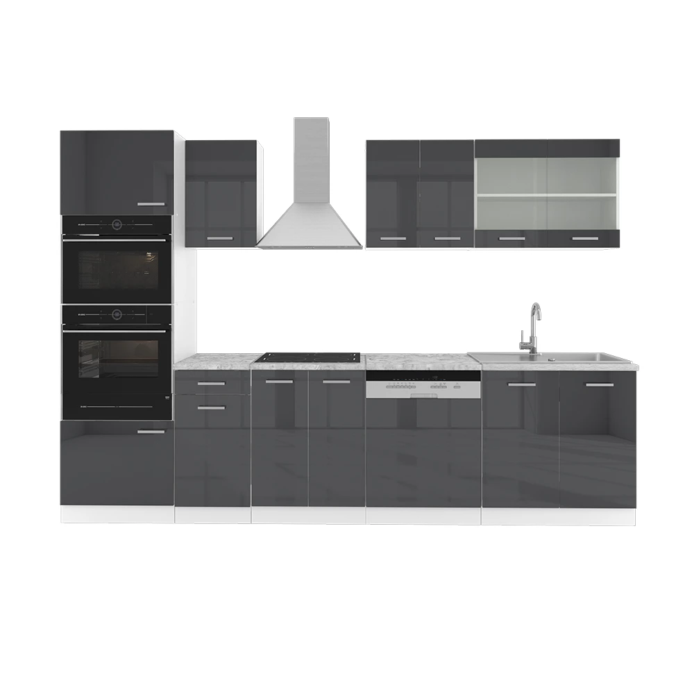 Complete keukeneenheid R-Line Antraciet hoogglans/wit 300 cm met hoge kast, met marmeren werkblad Vicco