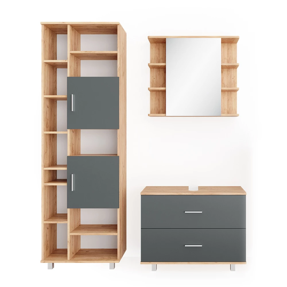 Badkamermeubel set Ilias Antraciet/gouden eik 3 delen, met hoge unit Vicco