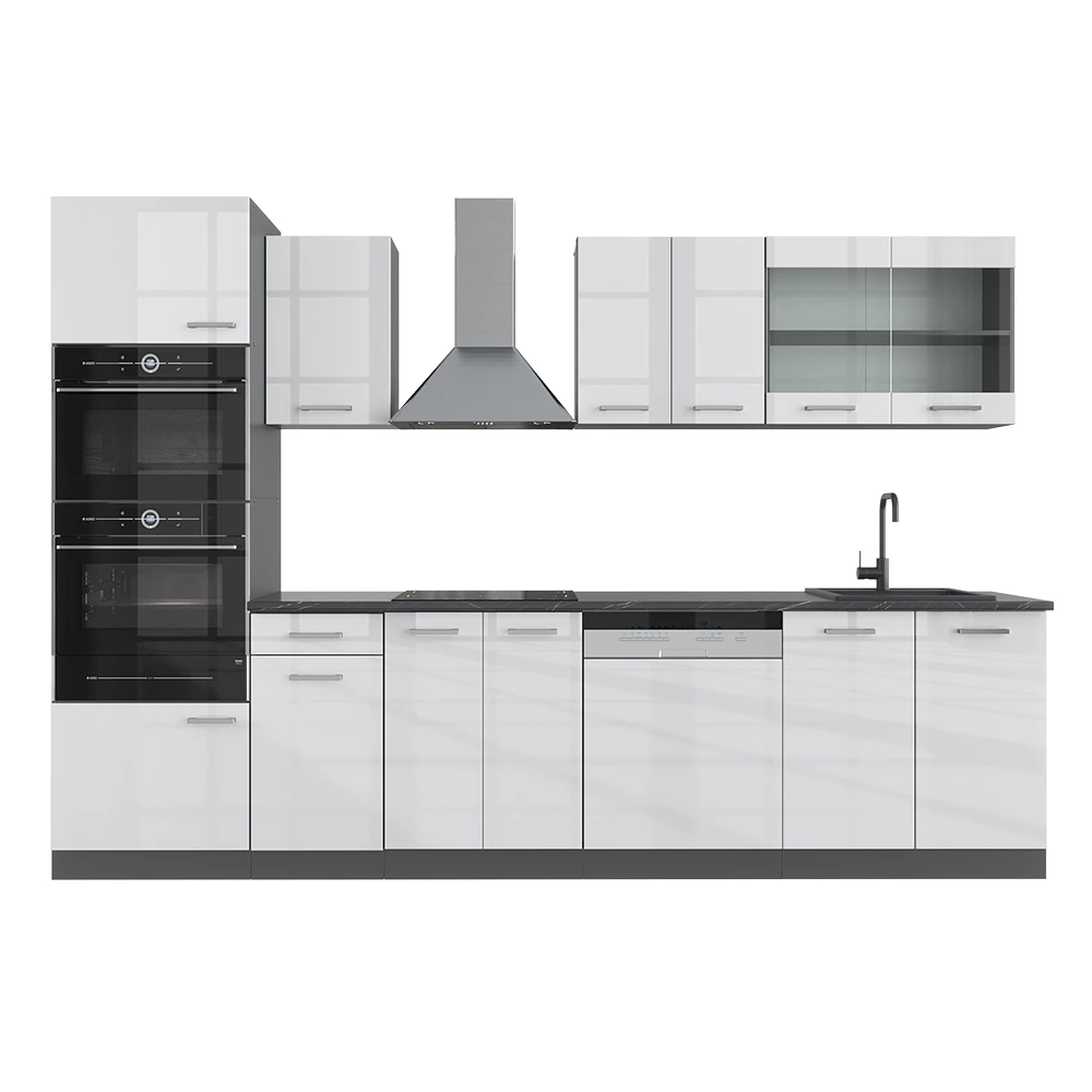 Complete keukeneenheid R-Line Wit hoogglans/antraciet 300 cm met hoge kast, WB Antraciet Vicco