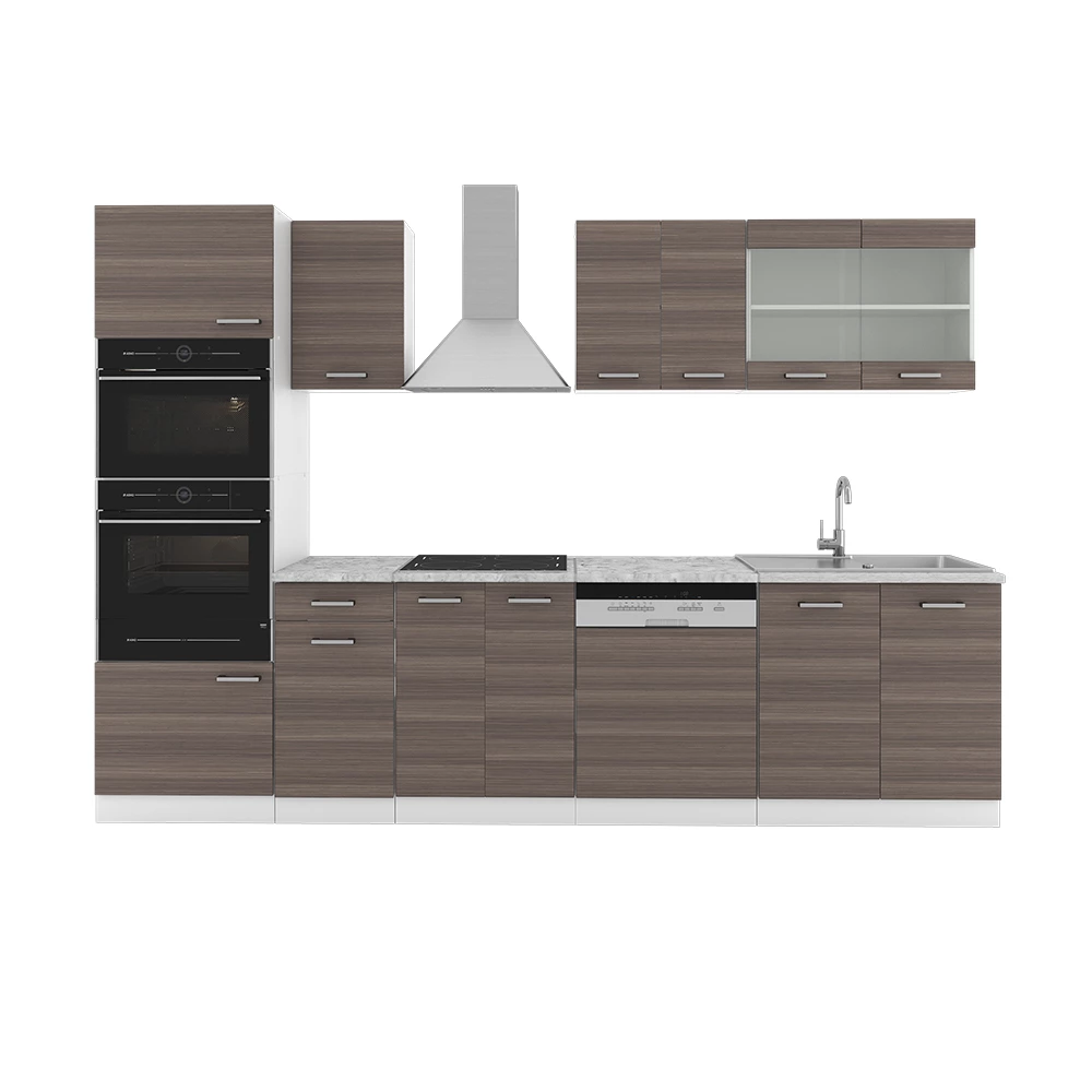 Complete keukeneenheid R-Line Edel grijs/wit 300 cm met hoge kast, met marmeren werkblad Vicco