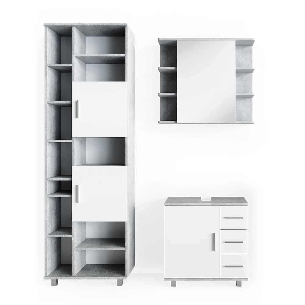 Badkamermeubel set Ilias Beton 3 delen, met hoge unit Vicco