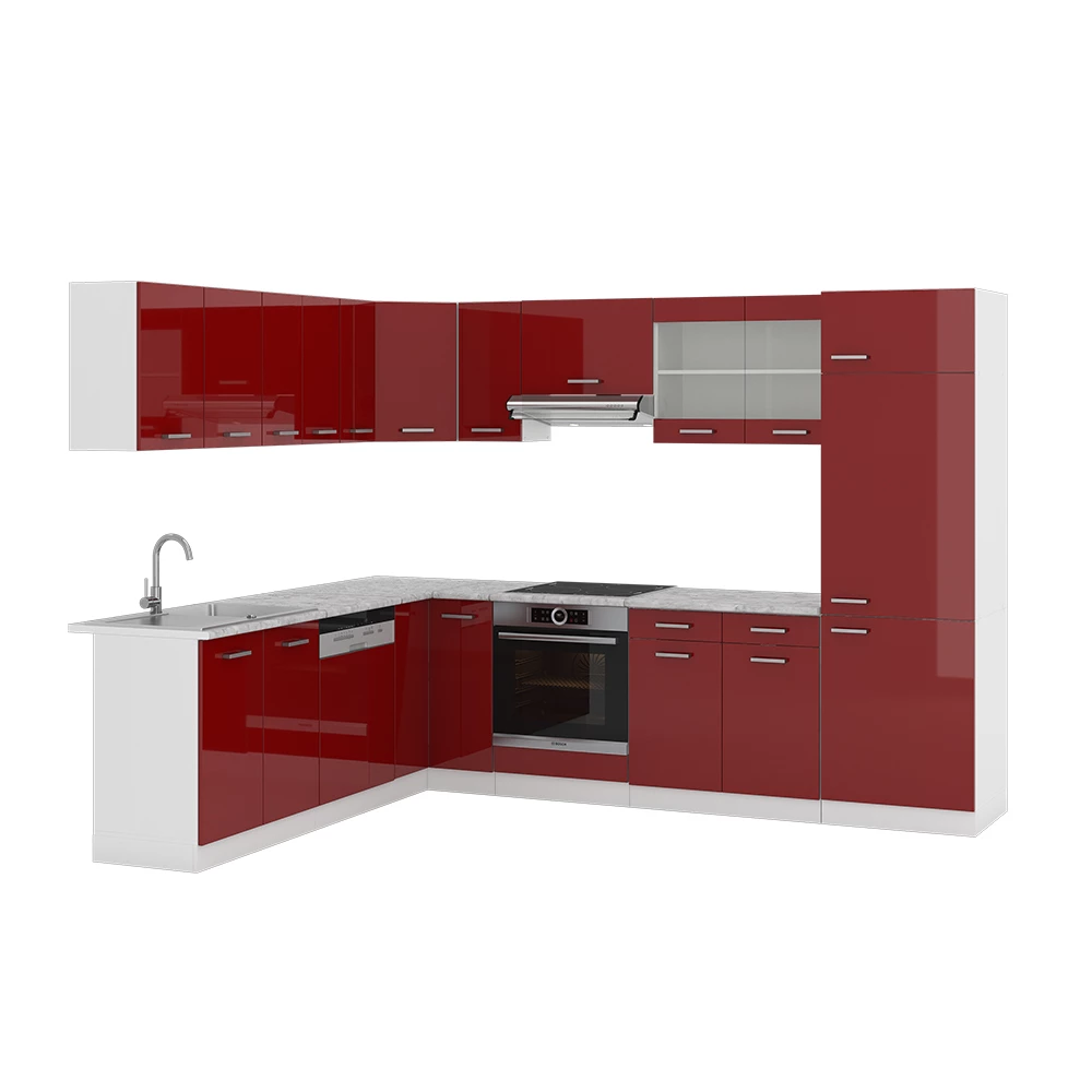 Hoekkeuken R-Line Rood hoogglans/wit 287 x 60 cm , WB Marmer Vicco