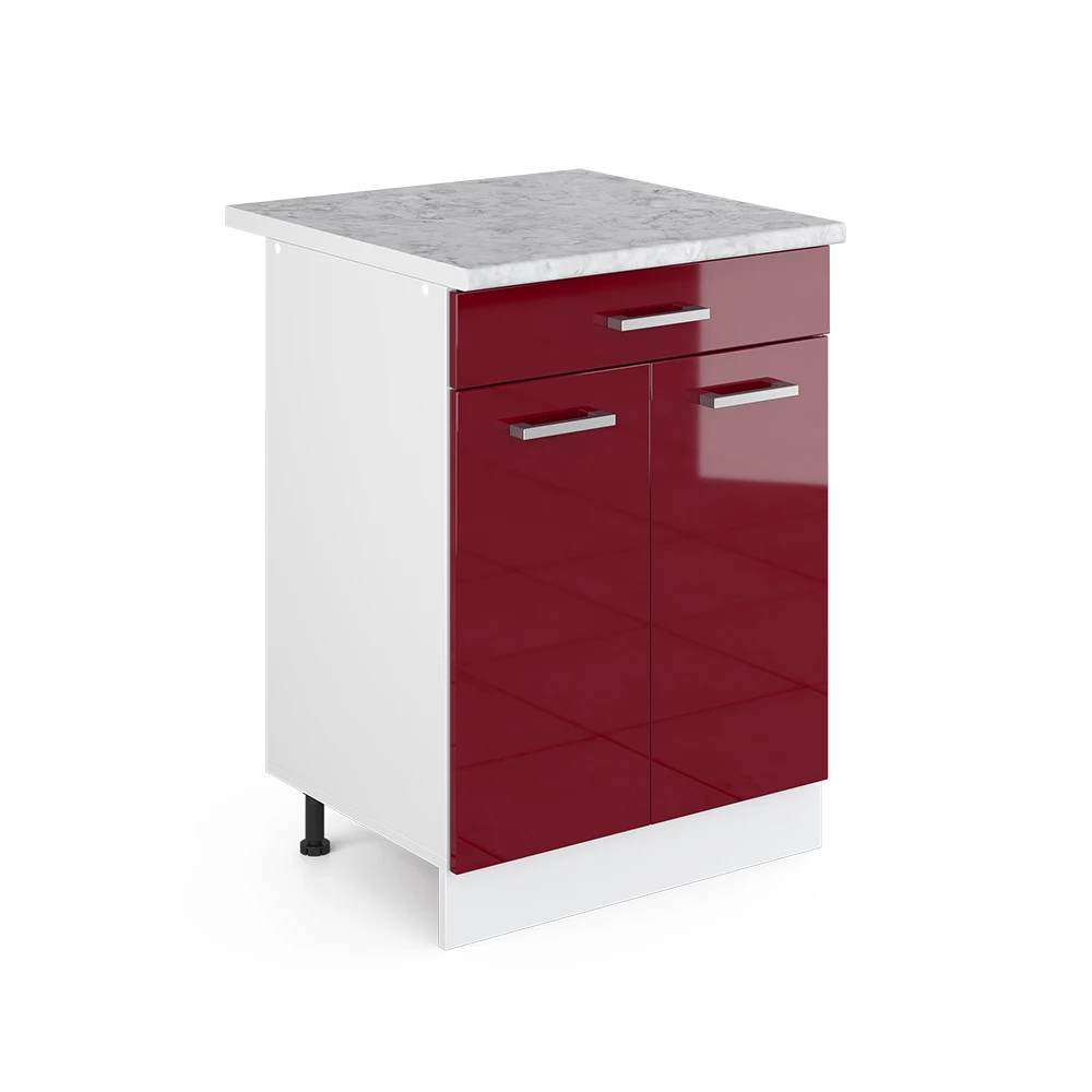 Keukenonderkast R-Line Rode hoogglans 60 cm met lade met marmeren werkblad Vicco