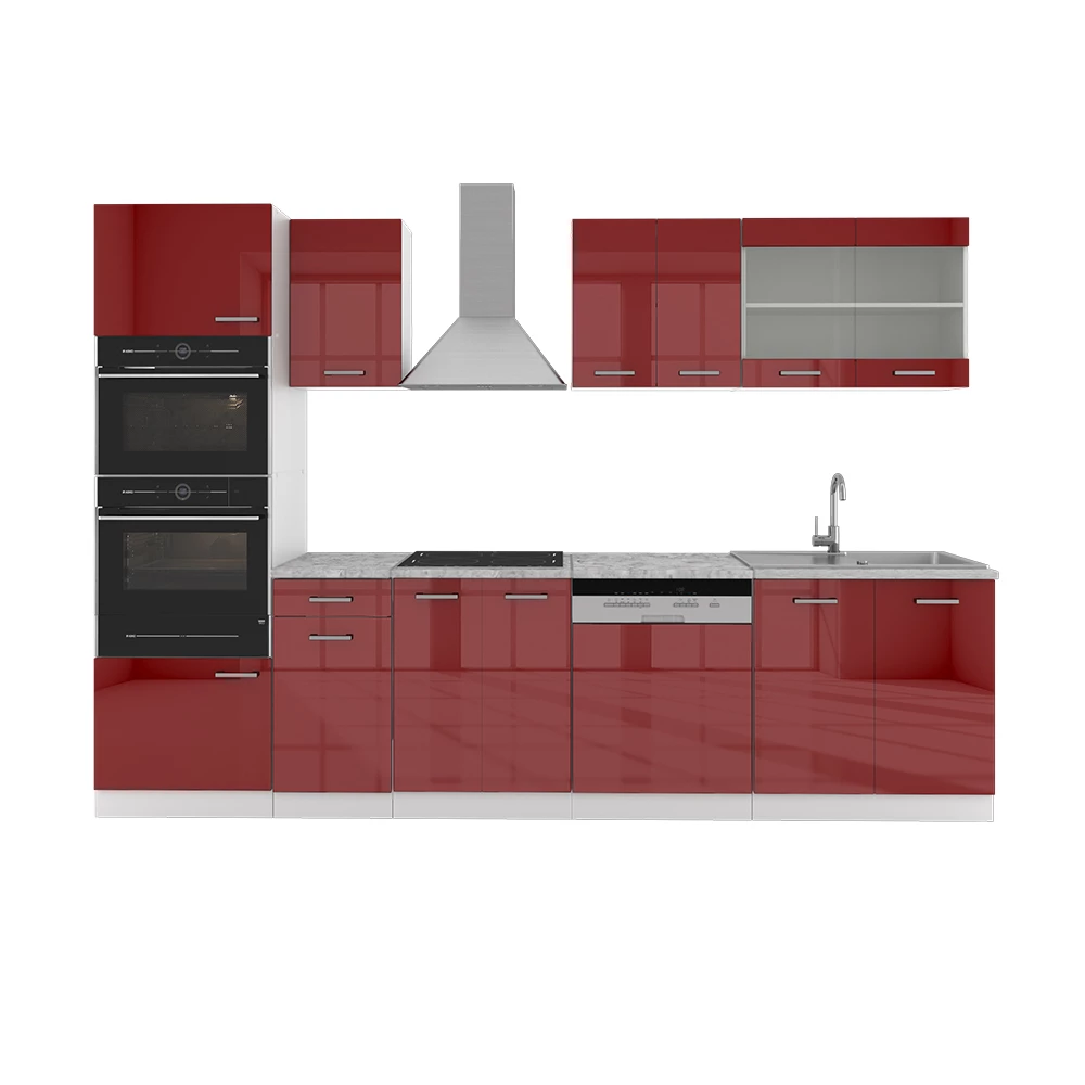 Complete keukeneenheid R-Line Rood hoogglans/wit 300 cm met hoge kast, met marmeren werkblad Vicco