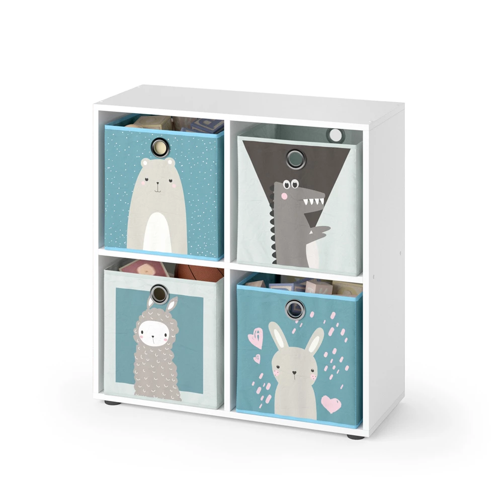 Kinderboekenkast Tetra Wit 72.6 x 72 cm met 4 vouwboxen (grijs/blauw) Vicco