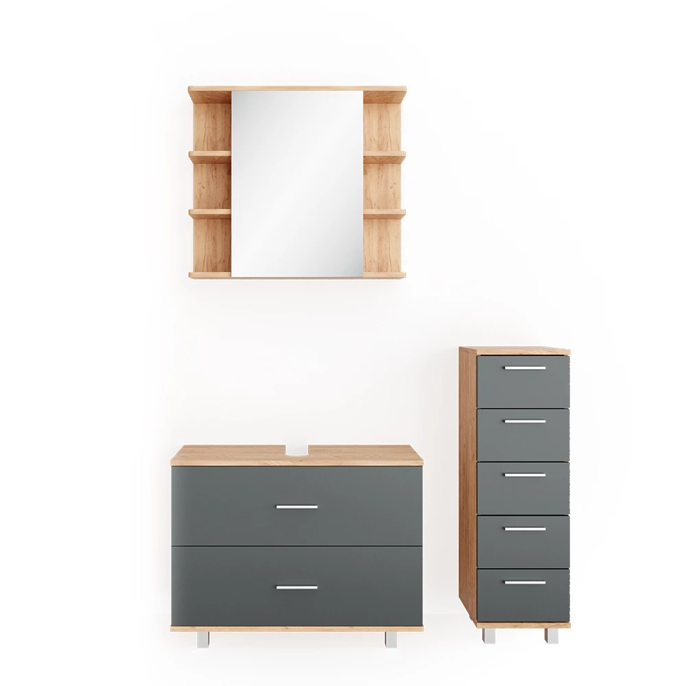 Badkamermeubel set Ilias Antraciet/gouden eik 3 delen Vicco