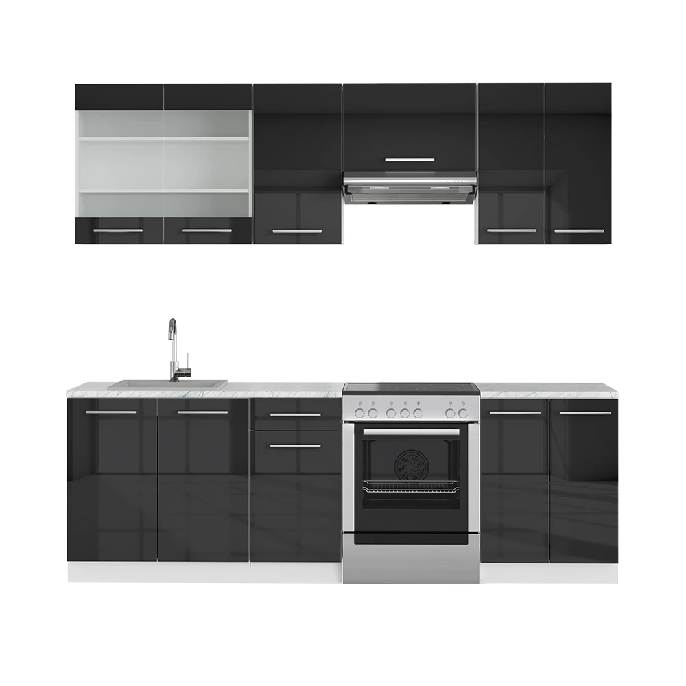 Complete keukeneenheid Fame-Line Antraciet hoogglans/wit 240 cm zonder werkblad Vicco