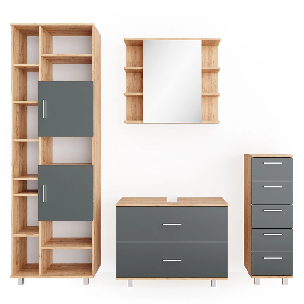Badkamermeubel set Ilias Antraciet/gouden eik 4 delen Vicco