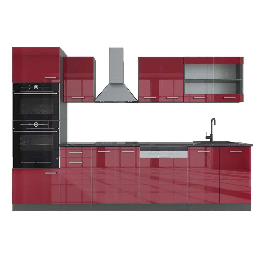 Complete keukeneenheid R-Line Rood hoogglans/antraciet 300 cm met hoge kast, WB Antraciet Vicco