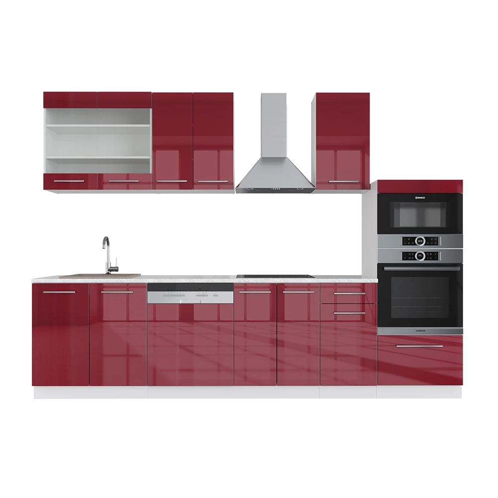 Complete keukeneenheid Fame-Line Bordeaux hoogglans/wit 300 cm met hoge kast, WB Marmer Vicco