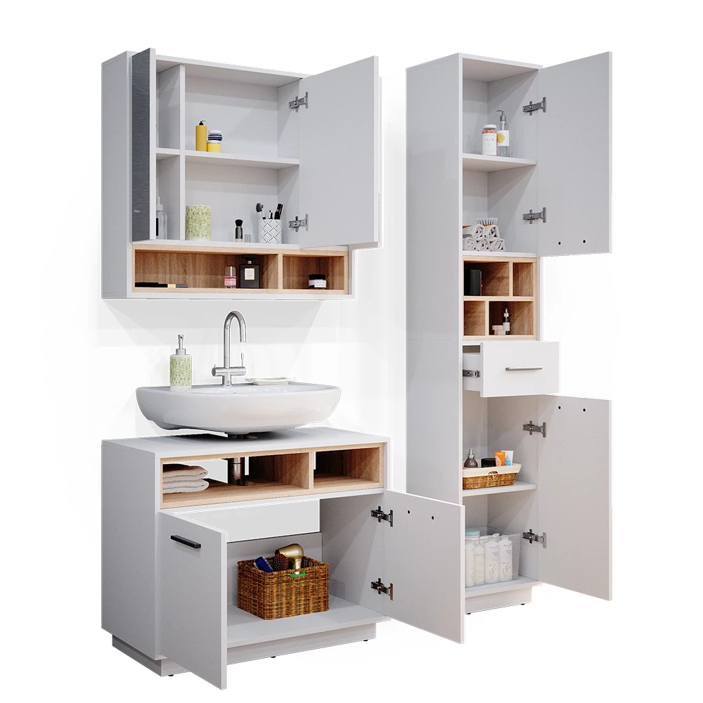 Badkamermeubel set Beatrice Wit 3 delen, met hoge unit Vicco