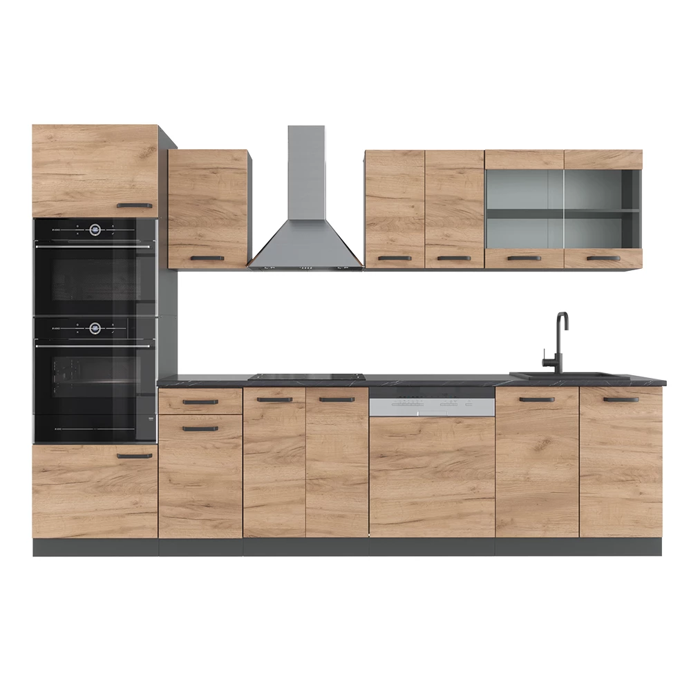 Complete keukeneenheid R-Line Eik goud/antraciet 300 cm met hoge kast, WB Antraciet Vicco