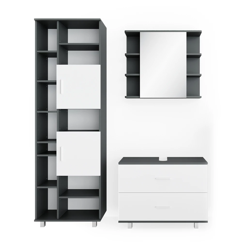 Badkamermeubel set Ilias Wit/antraciet 3 delen, met hoge unit Vicco