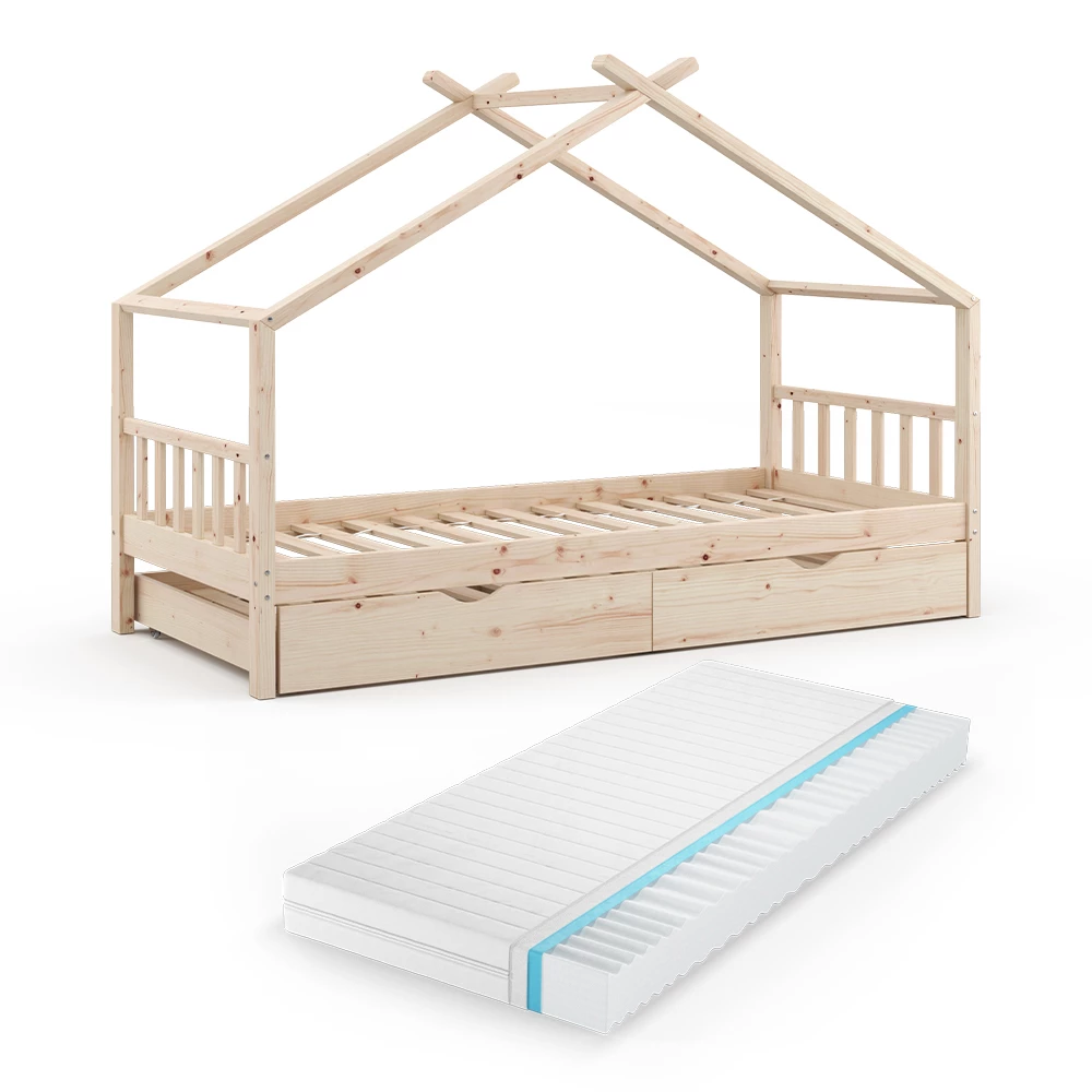 Huisbed Design Natuurlijk hout 90×200 cm met logeerbed en matras Vitalispa