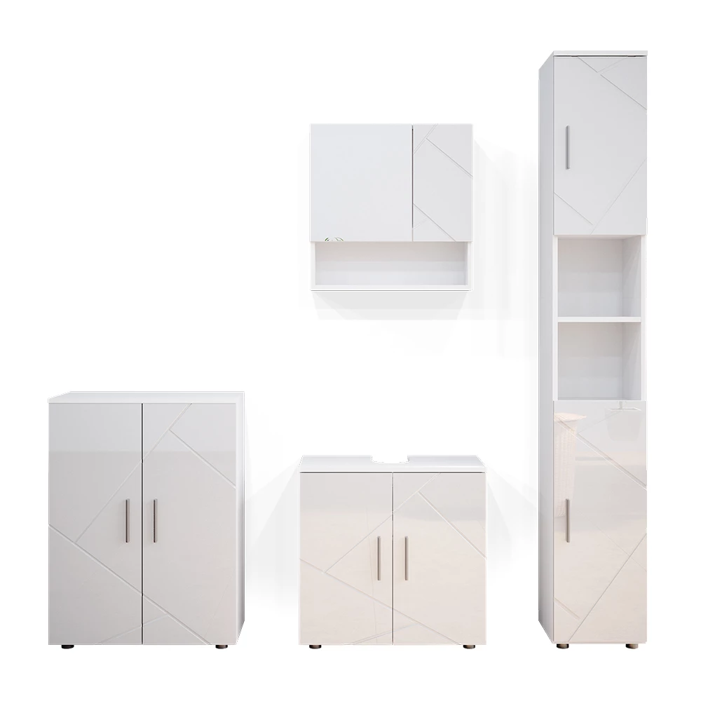 Badkamermeubel set Irma Wit Hoogglans 4 delen, met hoge kast en commode Vicco