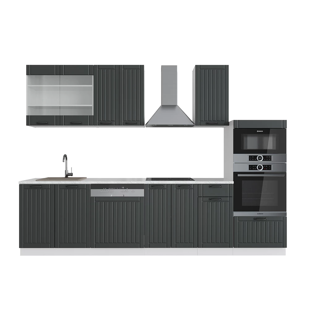 Complete keukeneenheid Fame-Line Antraciet landhuis/wit 300 cm met hoge kast, zonder werkblad Vicco