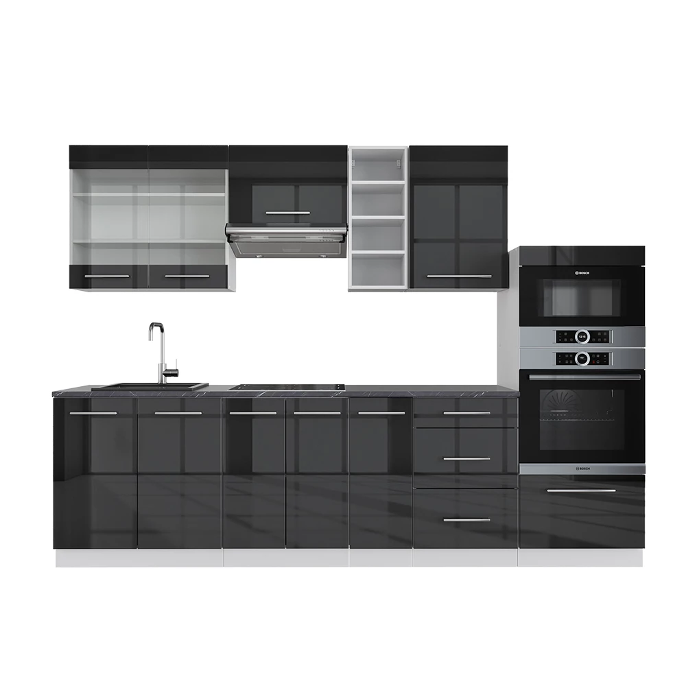 Complete keukeneenheid Fame-Line Antraciet hoogglans/wit 280 cm zonder werkblad Vicco