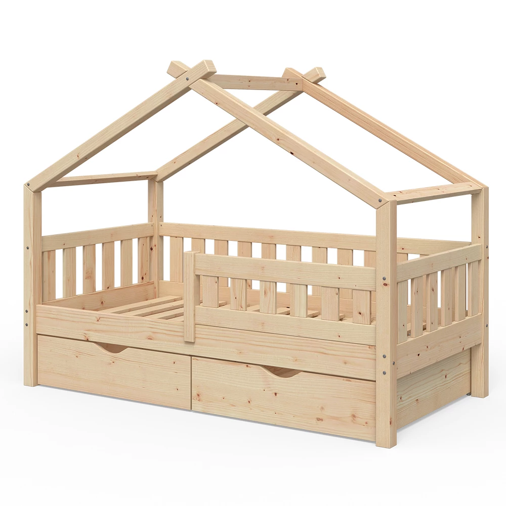 Huisbed Design Natuurlijk hout 80×160 cm met 2 laden Vitalispa