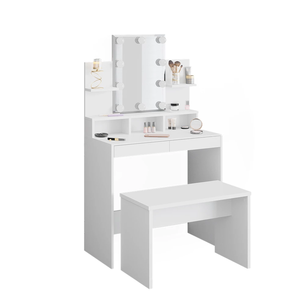 Kaptafel set met kruk Ania Wit 80 cm met LED-verlichting en bankje Vicco