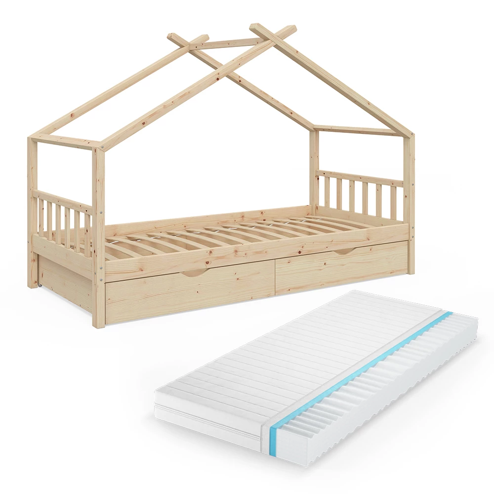 Huisbed Design Natuurlijk hout 90×200 cm met 2 laden en matras Vitalispa