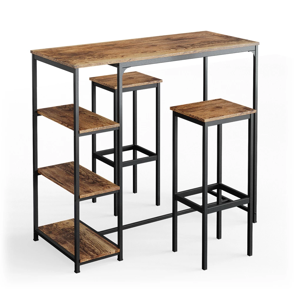 Bartafel set Fyrk Antiek hout 120 x 50 cm met legplanken en 2 barkrukken Vicco